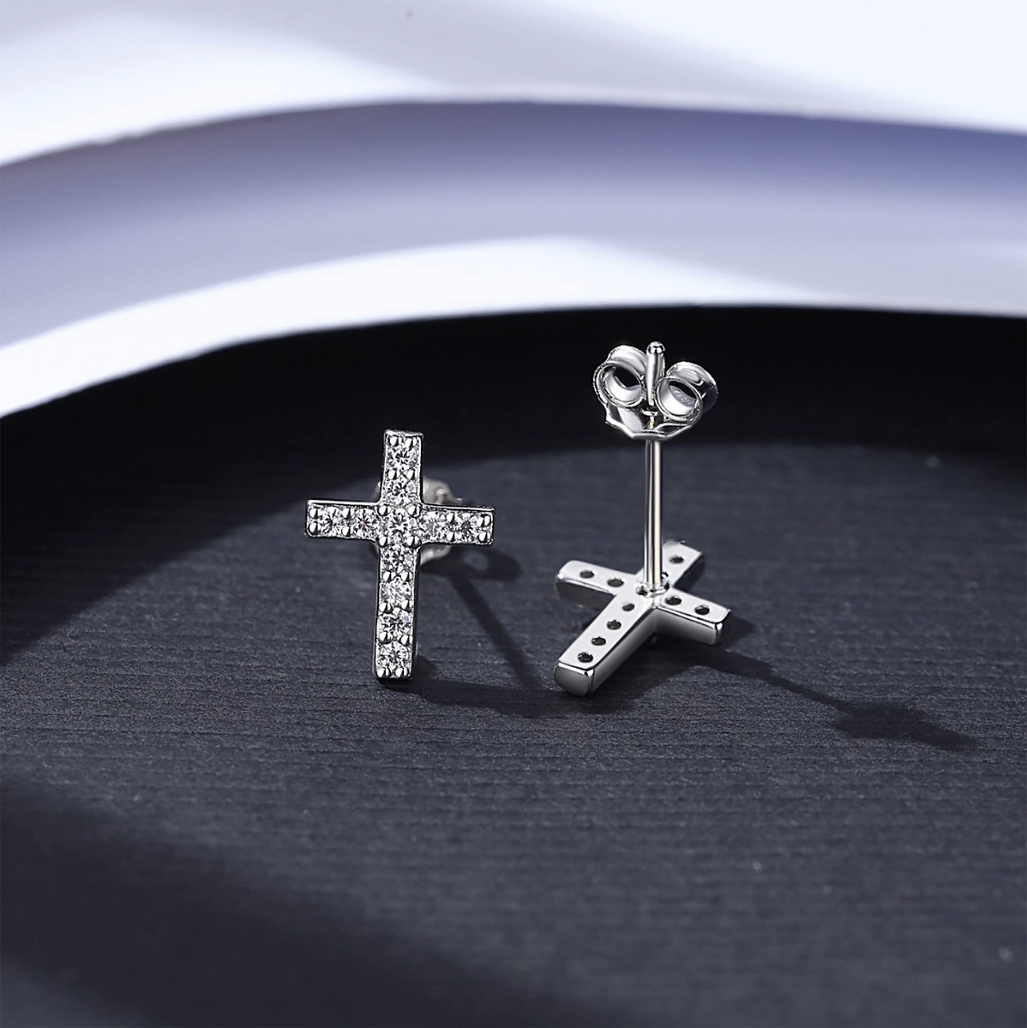 S925 Sterling Silver Dainty Small Tiny Cross with Pave Clear Cubic Zirconia Stud Earrings Fashion Jewelry for Women