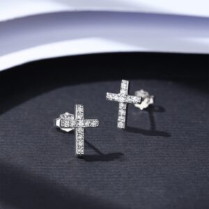 S925 Sterling Silver Dainty Small Tiny Cross with Pave Clear Cubic Zirconia Stud Earrings Fashion Jewelry for Women