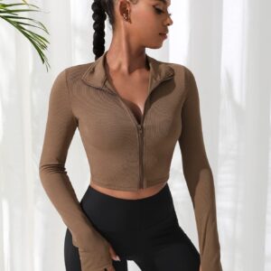 SweatyRocks Women's Long Sleeve Stand Collar Zip Up Crop Top Stretchy Sports Jacket Activewear Coffee Brown L