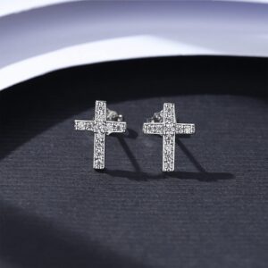 S925 Sterling Silver Dainty Small Tiny Cross with Pave Clear Cubic Zirconia Stud Earrings Fashion Jewelry for Women