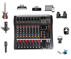 ribasubb 8 channel audio mixer, professional audio mixer sound board console system interface 8 channel with mp3 player+usb bluetooth 48v phantom power source usb power stereo dj studio streaming