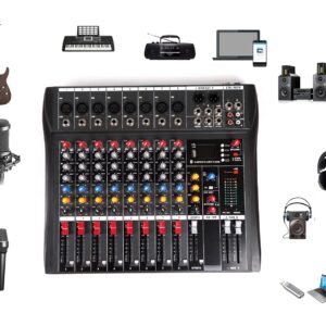 RibasuBB 8 Channel Audio Mixer, Professional Audio Mixer Sound Board Console System Interface 8 Channel with MP3 Player+USB Bluetooth 48V Phantom Power Source Usb Power Stereo DJ Studio Streaming