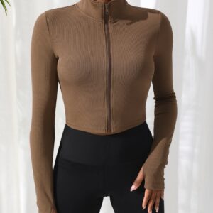 SweatyRocks Women's Long Sleeve Stand Collar Zip Up Crop Top Stretchy Sports Jacket Activewear Coffee Brown L