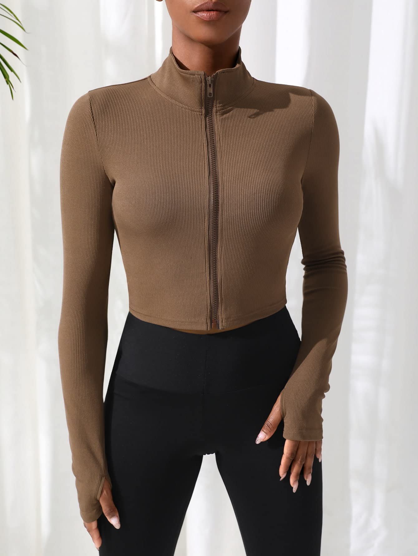 SweatyRocks Women's Long Sleeve Stand Collar Zip Up Crop Top Stretchy Sports Jacket Activewear Coffee Brown L