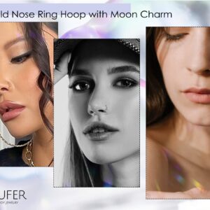 OUFER 20G Nose Rings Hoops, 9K Solid Gold Seamless Open Nose Rings, Moon Design Cartilage Earrings, Nose Piercing Jewelry for Women and Men