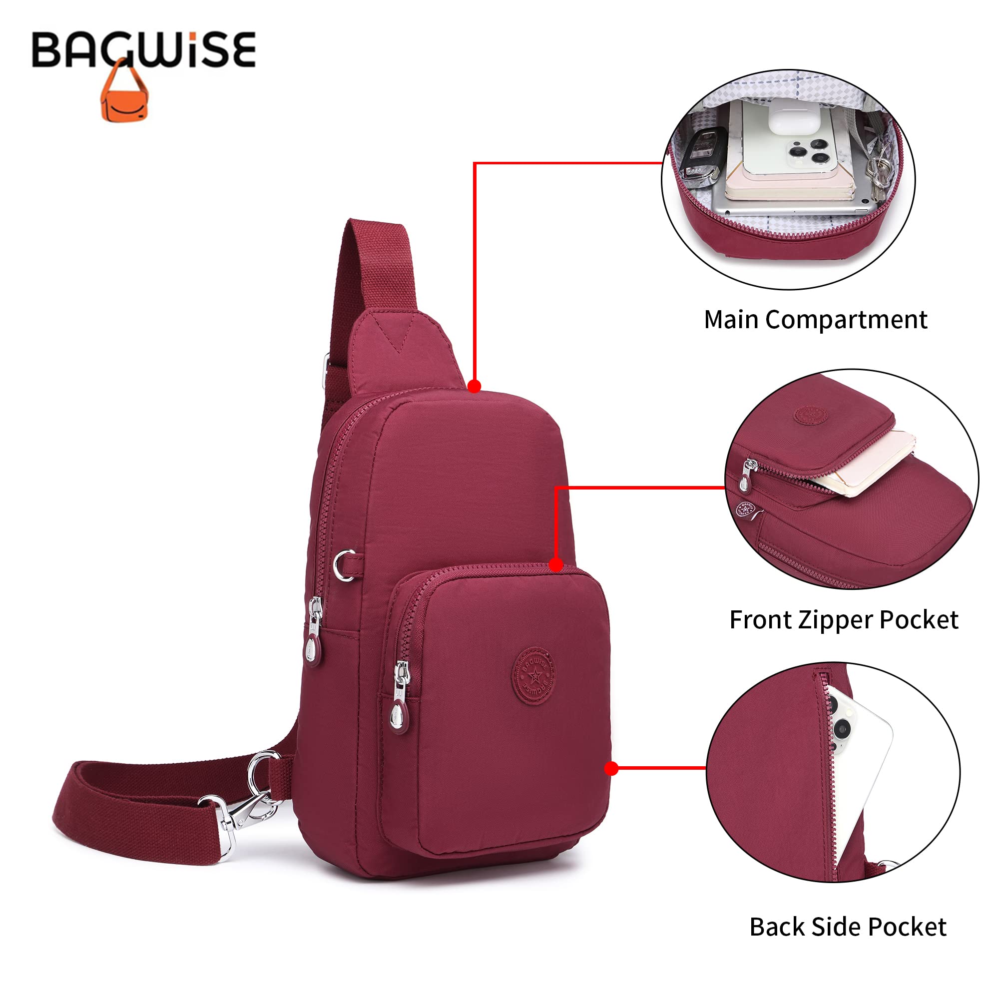 Bagwise Women's Crossbody Sling Bag, Bordeaux, Lightweight and Compact, Multi Pocket