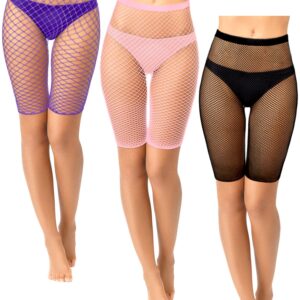 3 Pairs Fishnet High Waisted Shorts Fishnet Biker Short Elastic Sporty See Through Mesh Short Leggings for Women (Black, Pink, Dark Purple, Black, Coffee, Gray)