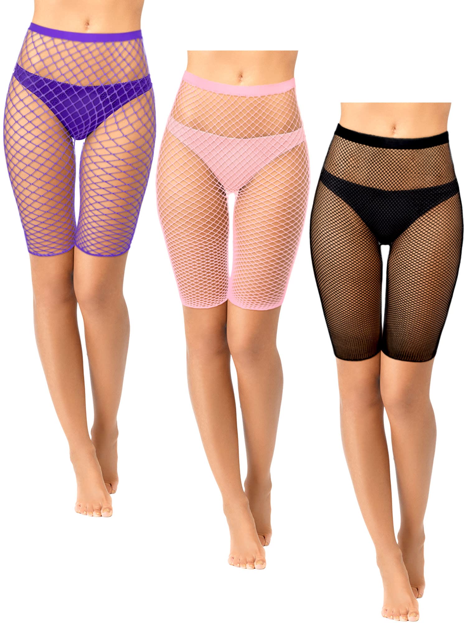 3 Pairs Fishnet High Waisted Shorts Fishnet Biker Short Elastic Sporty See Through Mesh Short Leggings for Women (Black, Pink, Dark Purple, Black, Coffee, Gray)