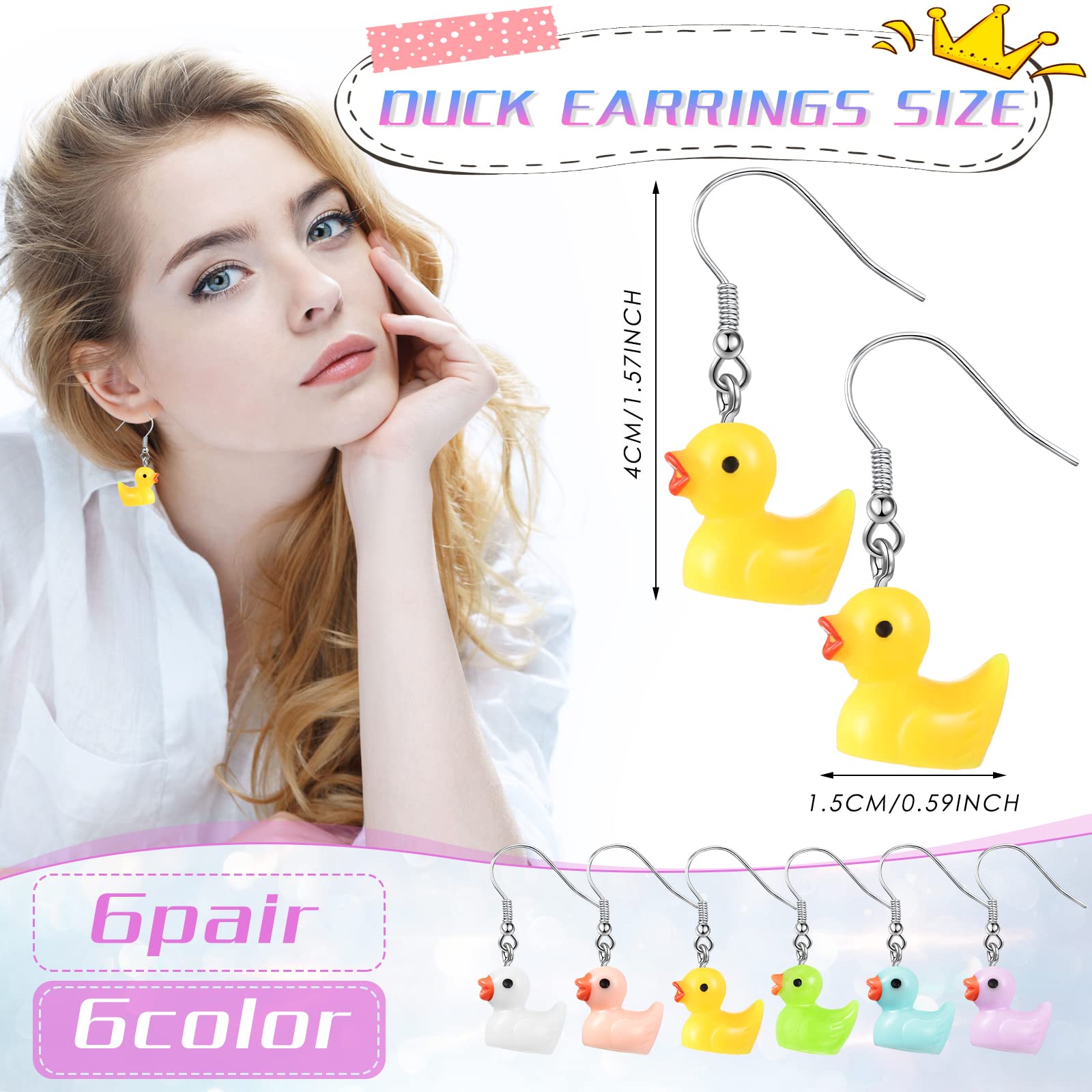 Yinkin 6 Pairs Rubber Duck Earrings Cute Ducky Earrings for Women Jewelry Gift Resin Dangle Drop Earring Cruise Earring(Conventional Style)