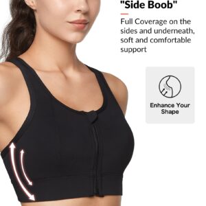 Yvette Zip Front Close Sports Bra - High Impact Full Support for Large Bust,Sewn in Pads,Wireless and Supportive, Black,M+