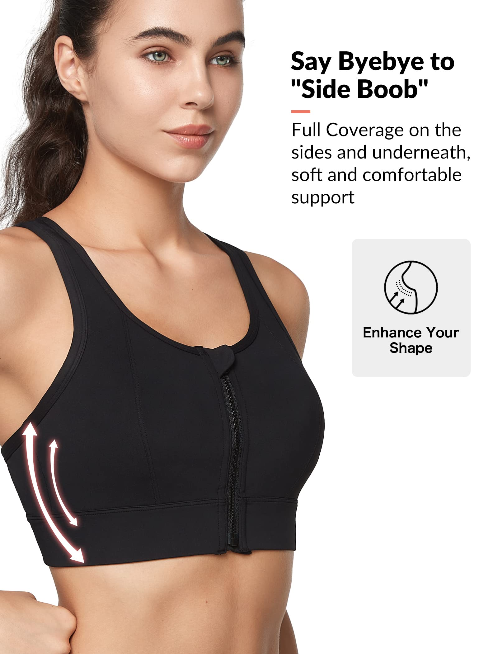 Yvette Zip Front Close Sports Bra - High Impact Full Support for Large Bust,Sewn in Pads,Wireless and Supportive, Black,M+