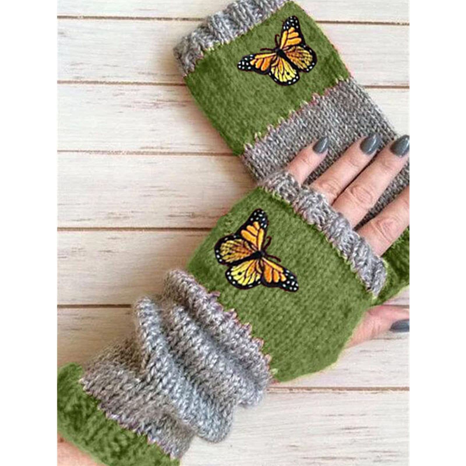 Women Warm Knitted Gloves Handmade Woolen Mittens Winter Figerless Gloves (Green, One Size)