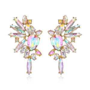 EVER FAITH Crystal Fashion Statement Earrings, Art Deco Marquise Drop Cluster Bridal Bling Colorful Dangle Earrings for Women Iridescent AB Gold-Tone