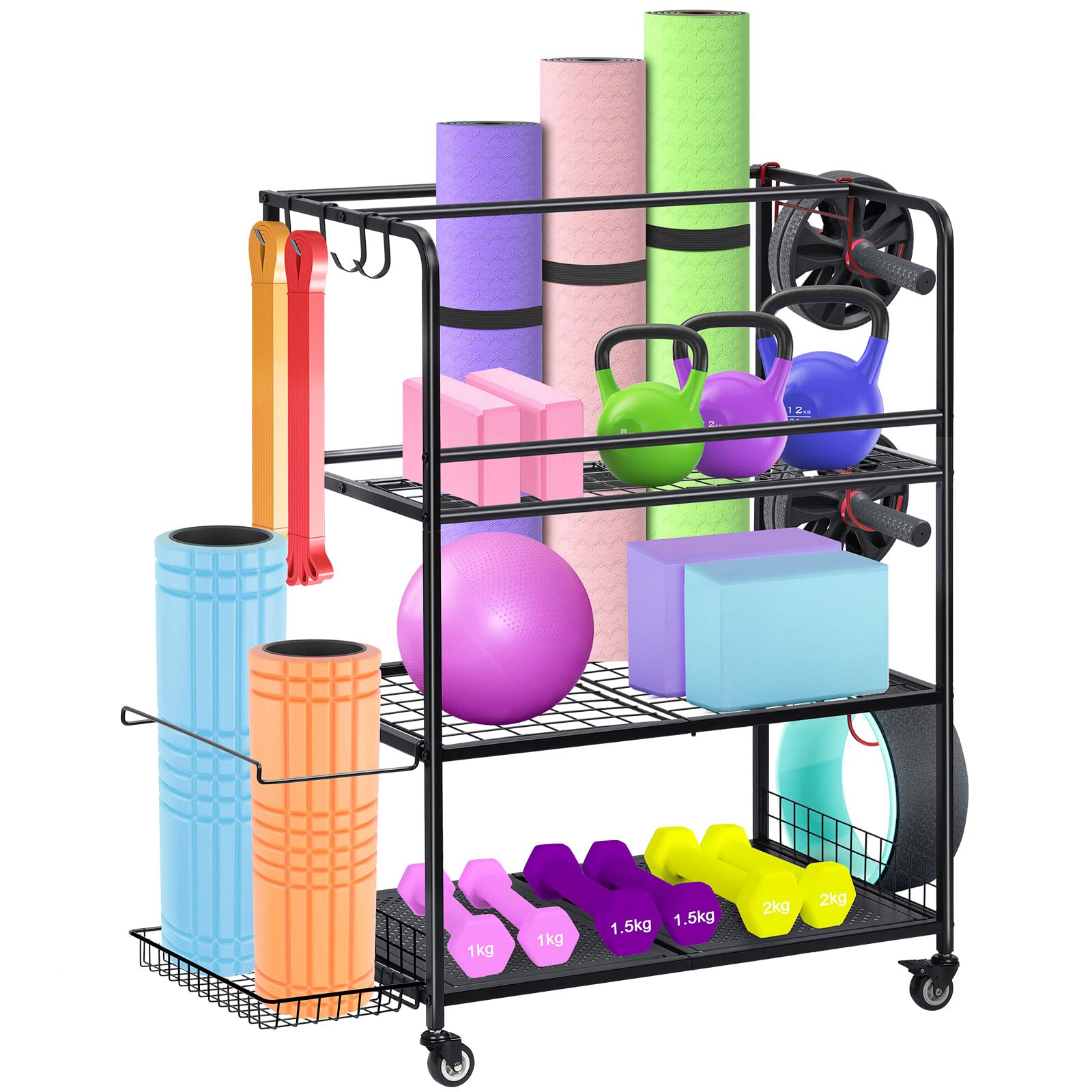 Home Gym Storage Rack, Yoga Mat Storage Racks Workout Storage Weight Rack for Dumbbells Kettlebells Foam Rollers Yoga Strap Resistance Bands, Fitness Equipment with Hooks and Wheels