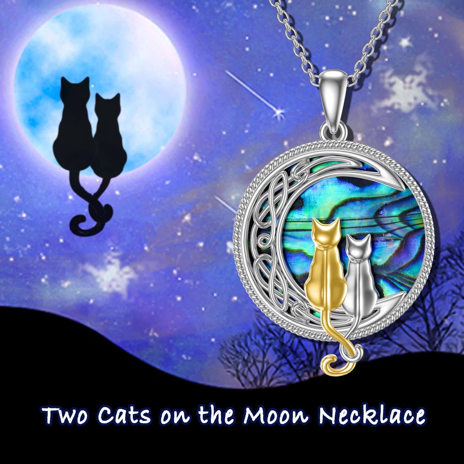 TOUPOP Silver and Gold Cat Necklace 925 Sterling Silver Cat on the Moon Necklace with Abalone Shell Cat Lovers Celtic Cat Jewelry Gifts for Women Birthday Christmas