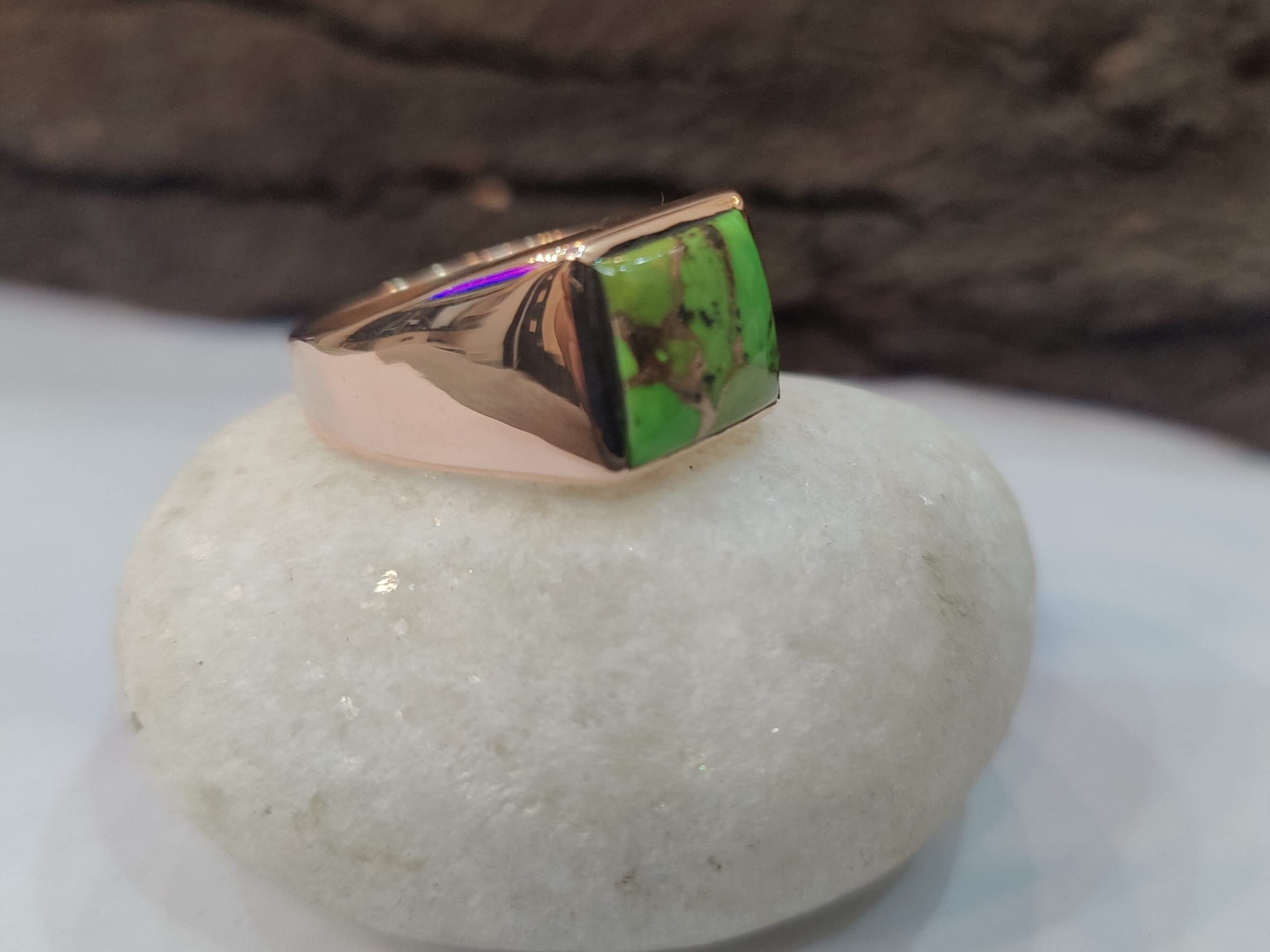 Green Copper Turquoise Ring, Mens Ring, Women Ring, 925 Solid Sterling Silver Ring, Signet Ring, Turquoise Gemstone Ring, Handmade Jewelry, Promise Ring for Partner (In copper, 10.50)