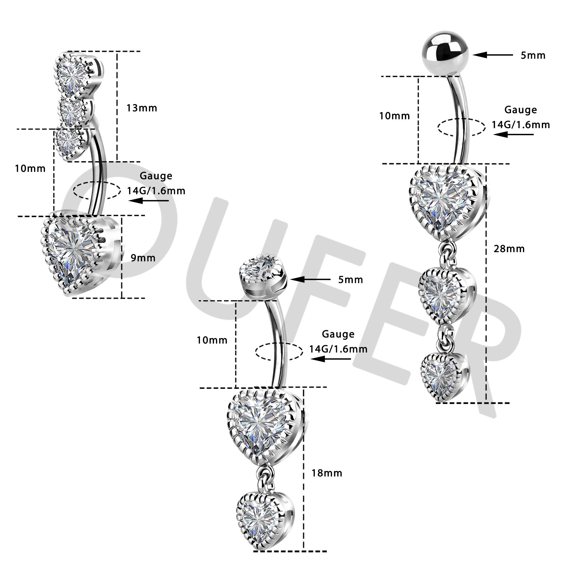 OUFER 3PCS Belly Button Rings, Heart Shaped Clear CZ Dangle Navel Rings, 316L Surgical Steel Belly Rings, Heart Dangle Belly Piercing Jewelry For Women And Men