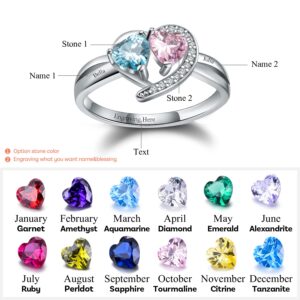 💖Valentine's Gift💖Madeone Promise Rings Personalized Mother Ring with 2 heart Birthstones 2 Names&1 Engraving 925 Sterling Silver 14K Gold Plated Anniversary Rings Engagement Rings Wedding Bands Customized Rings for Women (12)