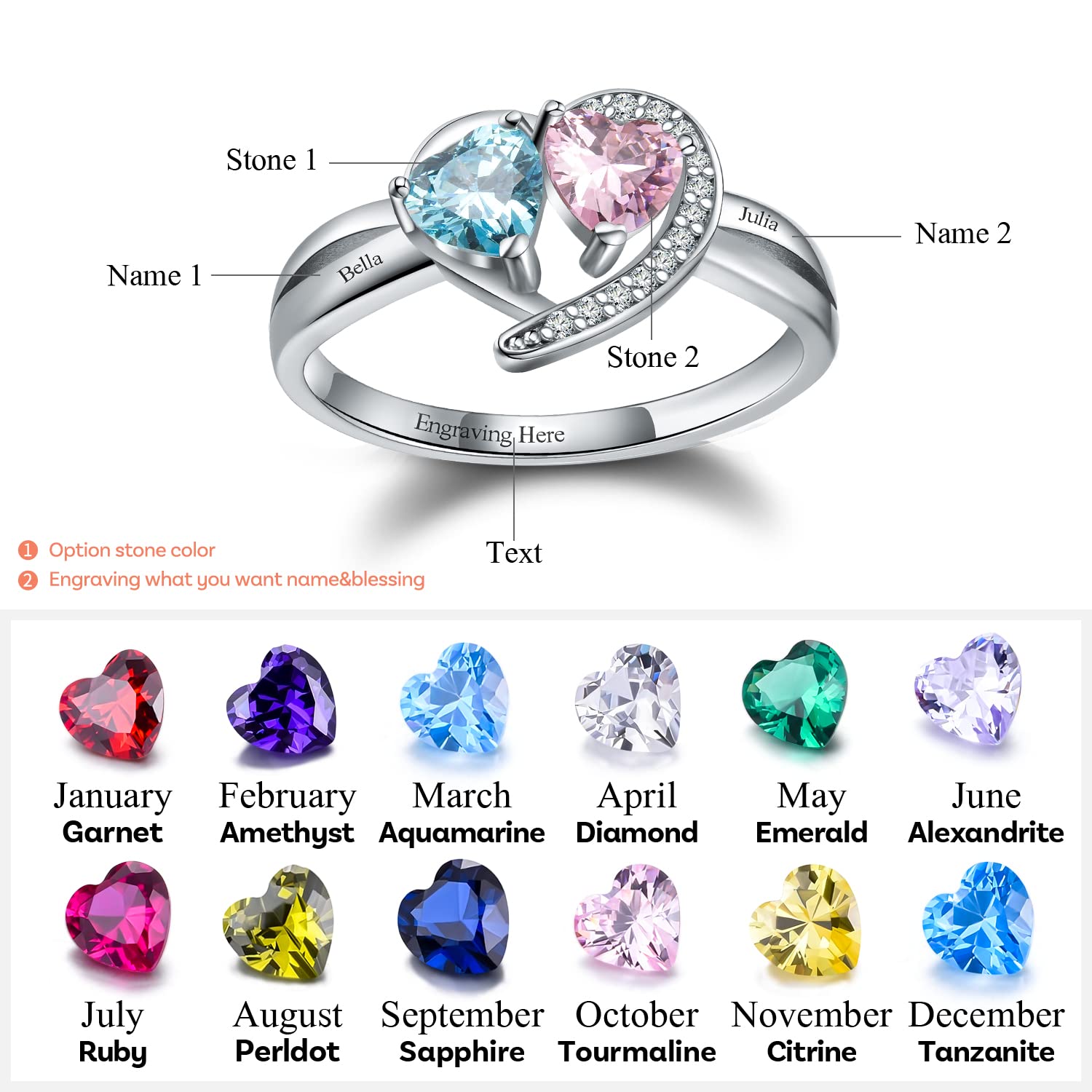 💖Valentine's Gift💖Madeone Promise Rings Personalized Mother Ring with 2 heart Birthstones 2 Names&1 Engraving 925 Sterling Silver 14K Gold Plated Anniversary Rings Engagement Rings Wedding Bands Customized Rings for Women (12)