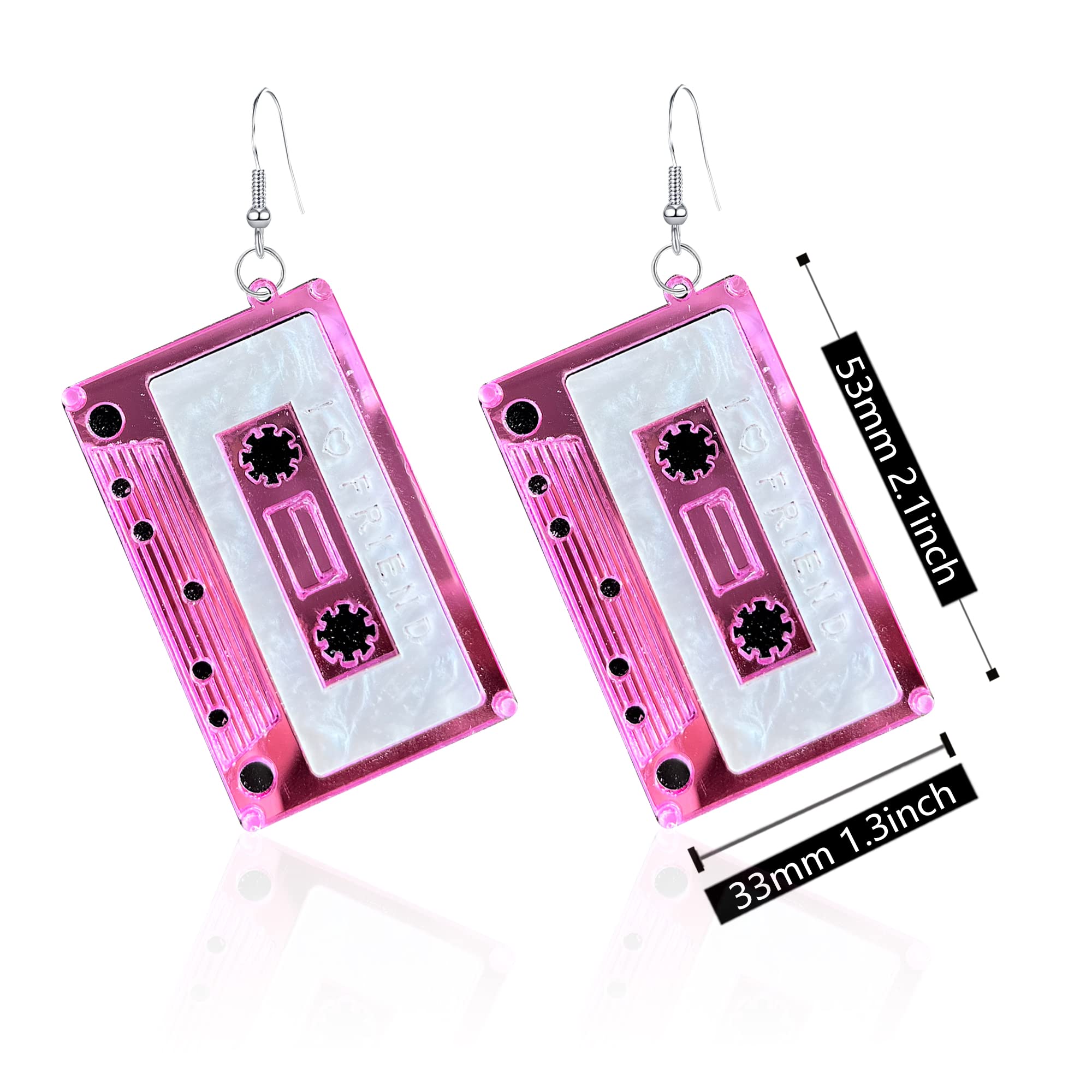 Seakuur 4 Pairs Punk 70S 80s Cassette Tape Earrings Retro Tape Dangle Earrings Funny Drop Earrings for Women Accessories Set (Rose red+ Pink+ Gold+Silver)