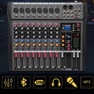 RibasuBB 8 Channel Audio Mixer, Professional Audio Mixer Sound Board Console System Interface 8 Channel with MP3 Player+USB Bluetooth 48V Phantom Power Source Usb Power Stereo DJ Studio Streaming