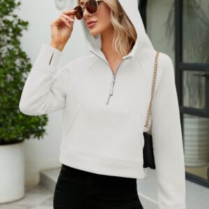 Micoson Half Zip Hoodies Women Long Sleeve Crop Workout Sweatshirt Oversized Sherpa Fleece Pullover Thumb Hole (White,L)