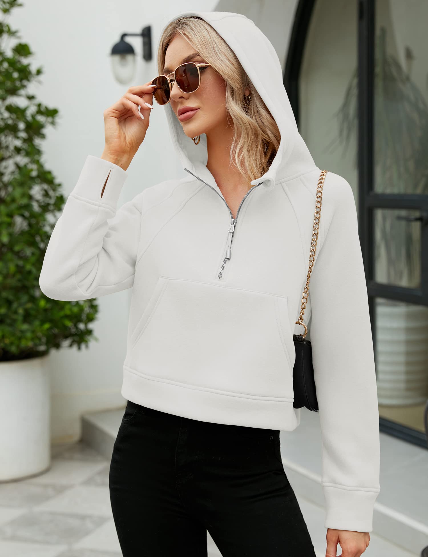 Micoson Half Zip Hoodies Women Long Sleeve Crop Workout Sweatshirt Oversized Sherpa Fleece Pullover Thumb Hole (White,L)