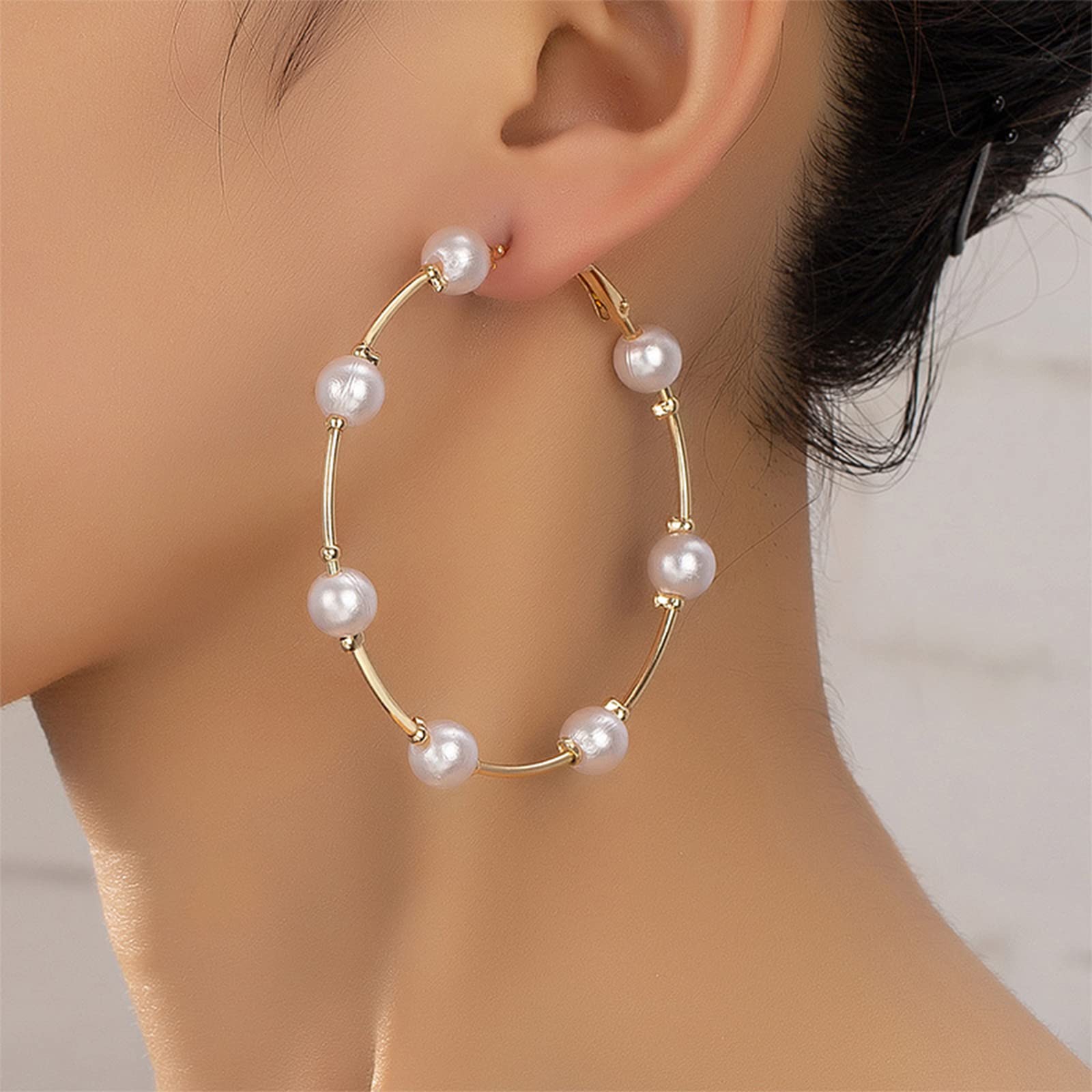 Pearl Earrings Dangle Large Hoops Circle Pearl Hoop Earrings for Women Trendy Hypoallergenic Pearl Drop Earrings Elegant Wedding Party Jewelry Gift