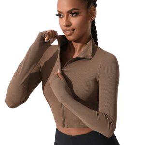 SweatyRocks Women's Long Sleeve Stand Collar Zip Up Crop Top Stretchy Sports Jacket Activewear Coffee Brown L