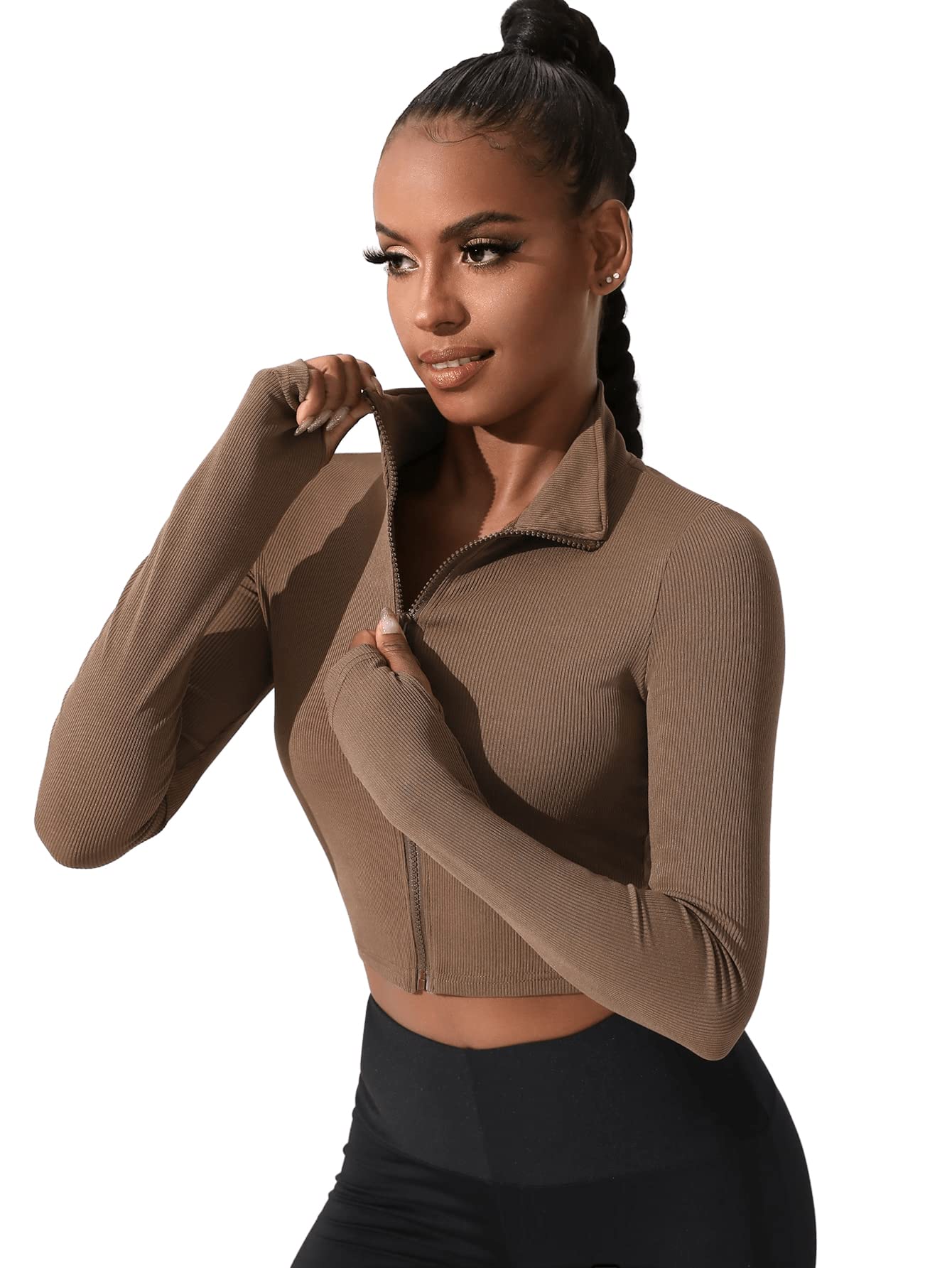 SweatyRocks Women's Long Sleeve Stand Collar Zip Up Crop Top Stretchy Sports Jacket Activewear Coffee Brown L