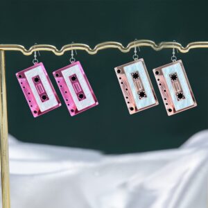 Seakuur 4 Pairs Punk 70S 80s Cassette Tape Earrings Retro Tape Dangle Earrings Funny Drop Earrings for Women Accessories Set (Rose red+ Pink+ Gold+Silver)