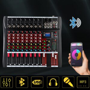 RibasuBB 8 Channel Audio Mixer, Professional Audio Mixer Sound Board Console System Interface 8 Channel with MP3 Player+USB Bluetooth 48V Phantom Power Source Usb Power Stereo DJ Studio Streaming