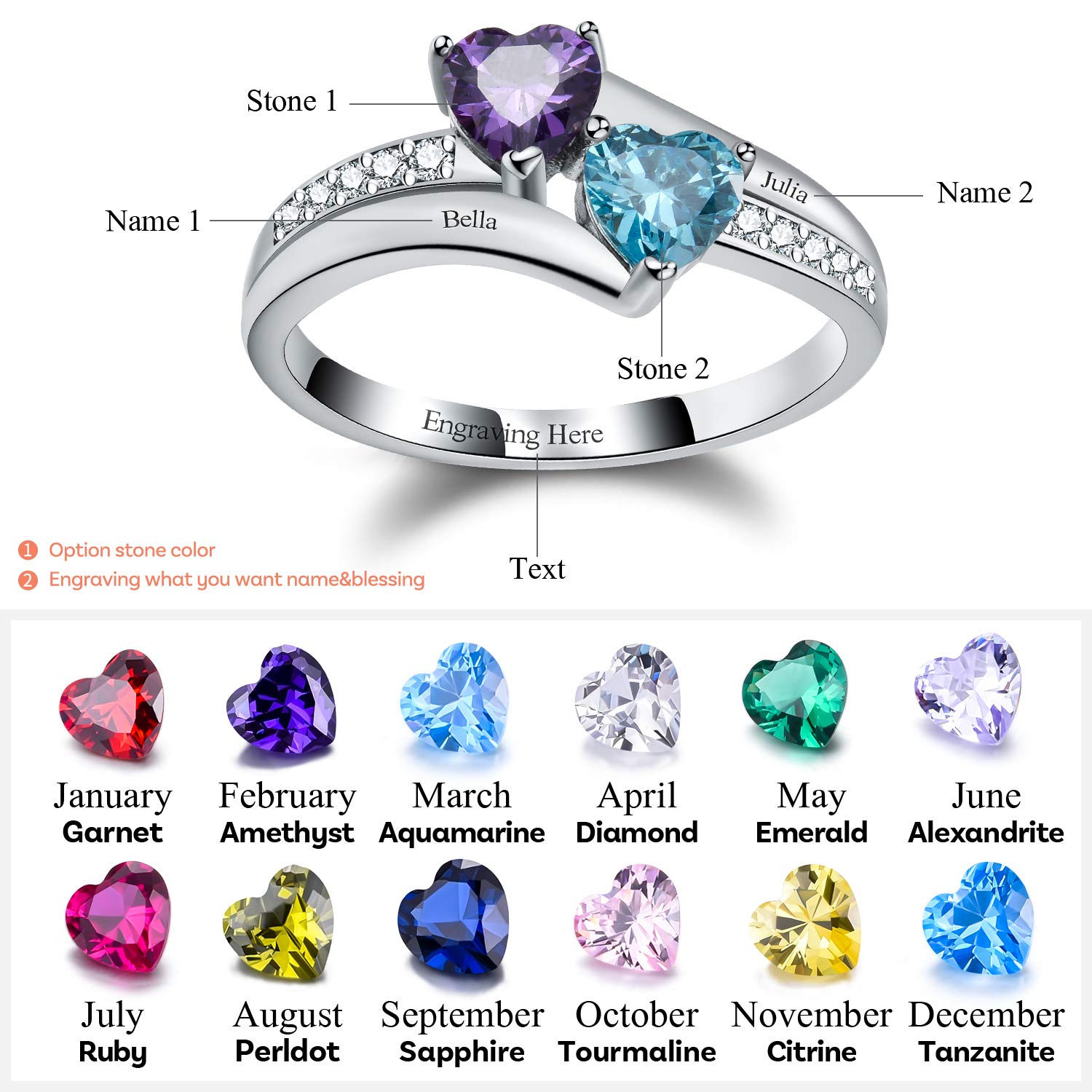 💖Mothers Day Gifts💖Madeone Promise Rings Engagement Rings 925 Sterling Silver 14K Gold Plated Anniversary Rings Wedding Bands Personalized Mother Ring with 2 Heart Birthstone 2 Names and 1 Engraving Customized Rings (9)