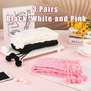 Eurzom 3 Pairs Kawaii Winter Knitted Leg Warmers Knee High Loose Socks Japanese Style Leg Warmers For Girls Women (White, Pink, Black, Wool Balls)