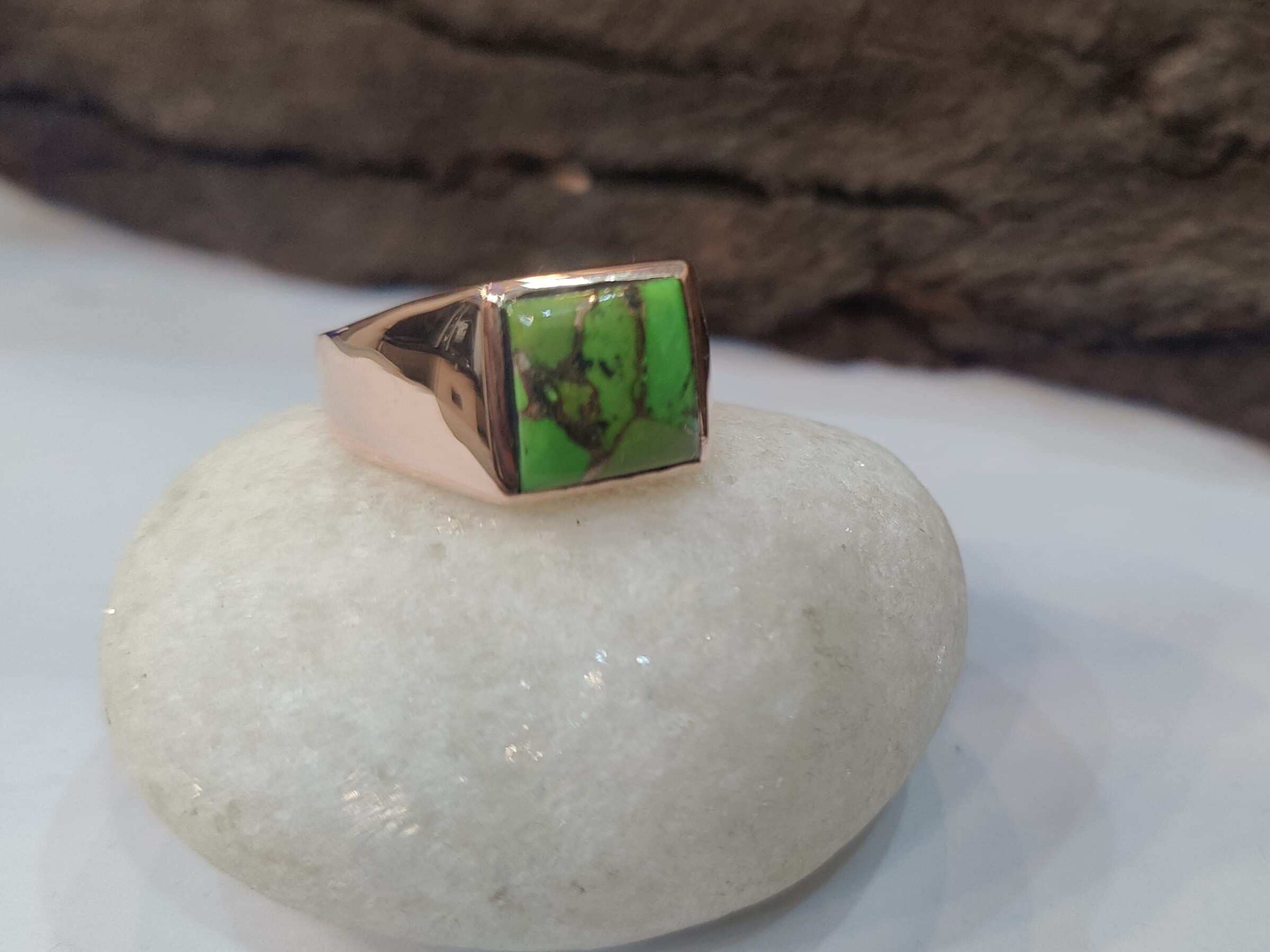 Green Copper Turquoise Ring, Mens Ring, Women Ring, 925 Solid Sterling Silver Ring, Signet Ring, Turquoise Gemstone Ring, Handmade Jewelry, Promise Ring for Partner (In copper, 10.50)