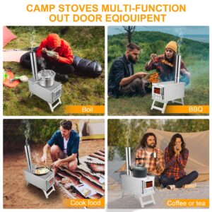 304 Stainless Steel Camping Tent Stove, Ultralight Foldable Portable Wood Burning Stove with Chimney Pipes and Rotary Damper, Tent Heaters Stove for Camping Heating and Cooking