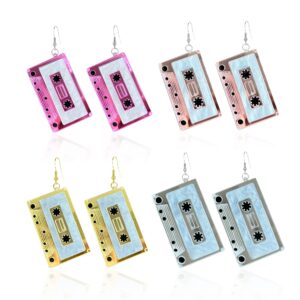 Seakuur 4 Pairs Punk 70S 80s Cassette Tape Earrings Retro Tape Dangle Earrings Funny Drop Earrings for Women Accessories Set (Rose red+ Pink+ Gold+Silver)