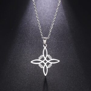 kkjoy Witches Knot Necklace Stainless Steel Magic Knot Pagan Wiccan Symbol Pendant 4-Pointed Celtic Knot Witchcraft Necklace for Women