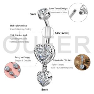 OUFER 3PCS Belly Button Rings, Heart Shaped Clear CZ Dangle Navel Rings, 316L Surgical Steel Belly Rings, Heart Dangle Belly Piercing Jewelry For Women And Men