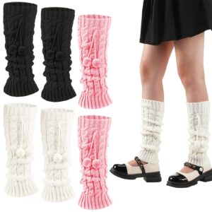 eurzom 3 pairs kawaii winter knitted leg warmers knee high loose socks japanese style leg warmers for girls women (white, pink, black, wool balls)