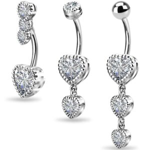 oufer 3pcs belly button rings, heart shaped clear cz dangle navel rings, 316l surgical steel belly rings, heart dangle belly piercing jewelry for women and men