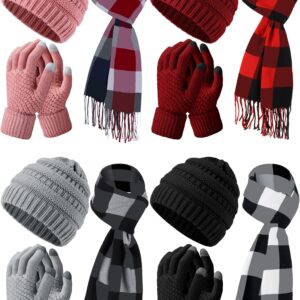 Zhehao 12 Pcs Winter Beanie Hat Scarf Gloves Set Including Knit Beanie Hat Warm Long Scarf Touch Screen Gloves for Women Men(Classic Colors, Plaid)