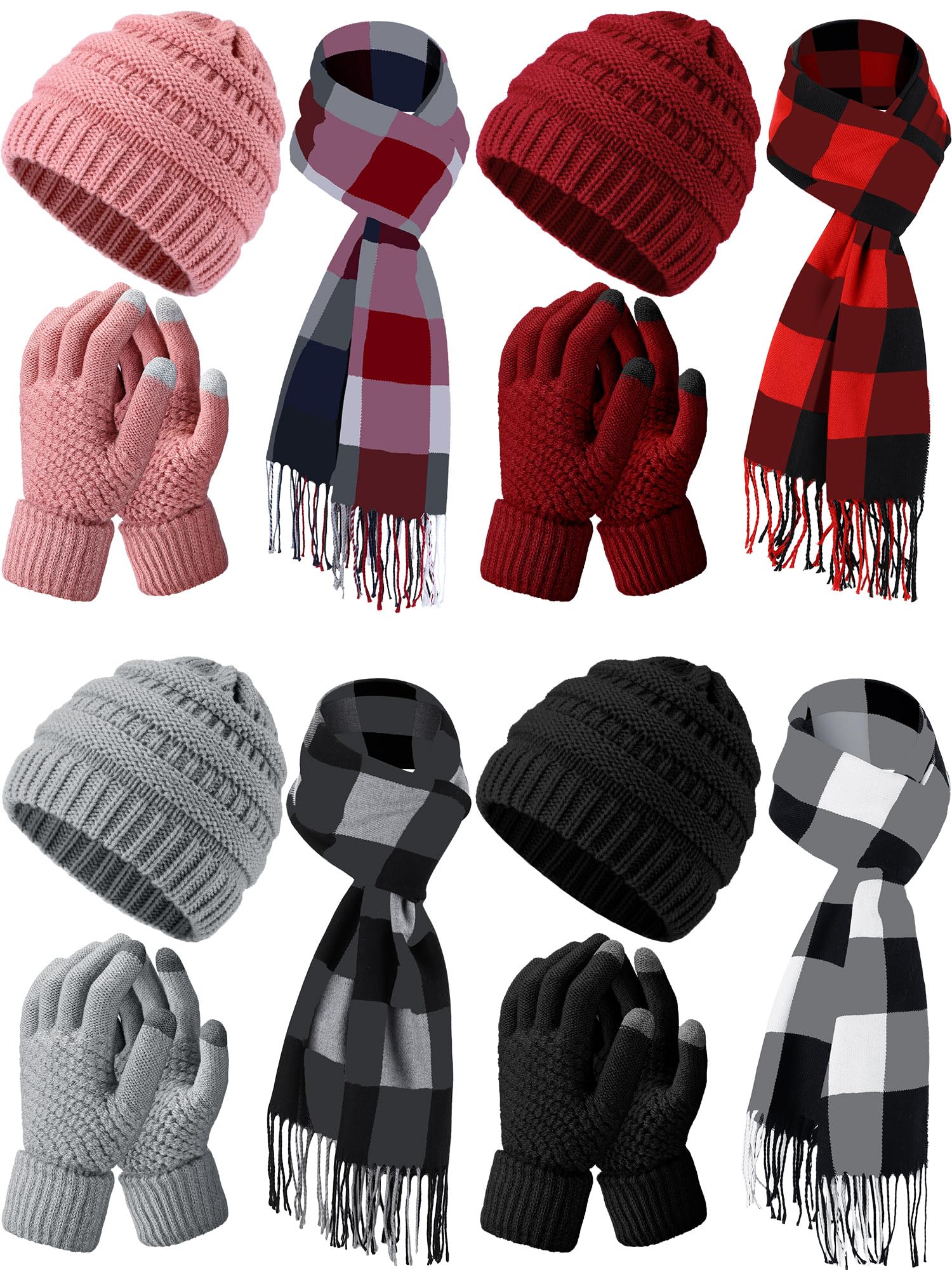 Zhehao 12 Pcs Winter Beanie Hat Scarf Gloves Set Including Knit Beanie Hat Warm Long Scarf Touch Screen Gloves for Women Men(Classic Colors, Plaid)