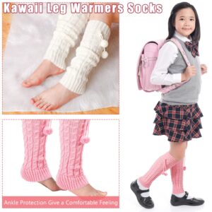 Eurzom 3 Pairs Kawaii Winter Knitted Leg Warmers Knee High Loose Socks Japanese Style Leg Warmers For Girls Women (White, Pink, Black, Wool Balls)