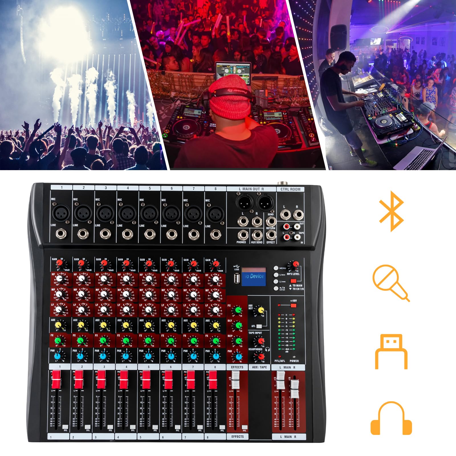 RibasuBB 8 Channel Audio Mixer, Professional Audio Mixer Sound Board Console System Interface 8 Channel with MP3 Player+USB Bluetooth 48V Phantom Power Source Usb Power Stereo DJ Studio Streaming