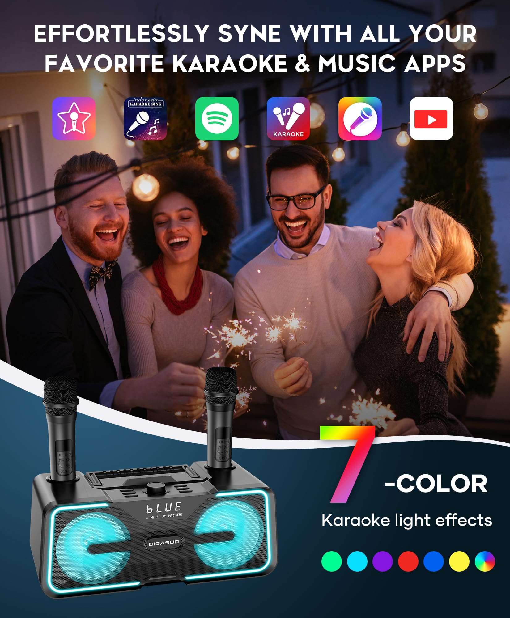 BIGASUO Karaoke Machine for Adults Kids with 2 UHF Wireless Microphones, Portable Bluetooth Singing PA Speaker System with LED Lights for Home Party, Wedding, Church, Picnic, Outdoor/Indoor