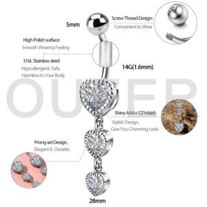 OUFER 3PCS Belly Button Rings, Heart Shaped Clear CZ Dangle Navel Rings, 316L Surgical Steel Belly Rings, Heart Dangle Belly Piercing Jewelry For Women And Men