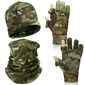 janmercy 3 pcs camouflage beanie gloves and scarf set include beanie neck gaiter, 1 pair full finger hunting gloves (vintage color)