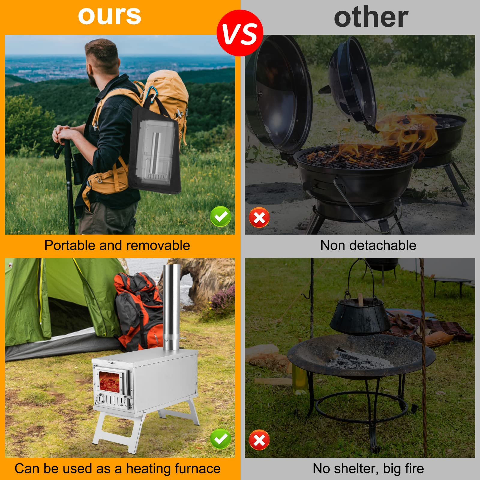 304 Stainless Steel Camping Tent Stove, Ultralight Foldable Portable Wood Burning Stove with Chimney Pipes and Rotary Damper, Tent Heaters Stove for Camping Heating and Cooking