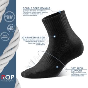 RQP Mens Cotton Athletic Socks Size 9-12 8 Pack Non Odor Quarter Length Knit Cushioned Liner Sox Breathable Moisture Wicking,Black